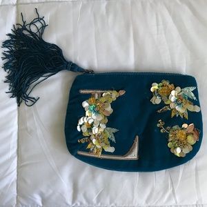 Anthropologie Blue Velvet Embroidered “L” Pouch